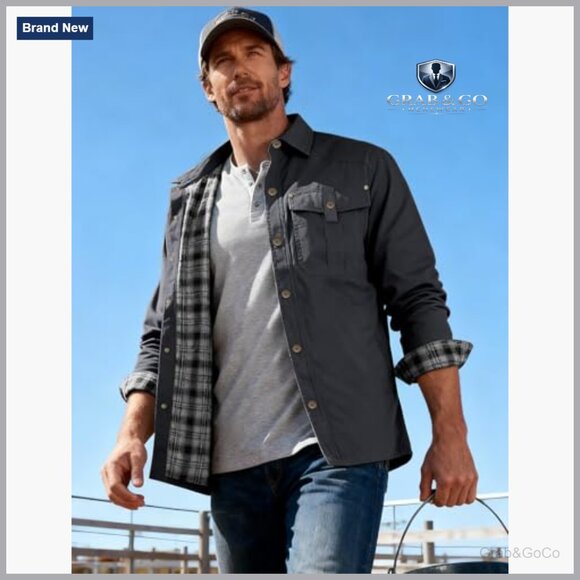 Men's Flannel Lined Shirt Jacket Snap Button Western Rugged Outdoor - Picture 2 of 7